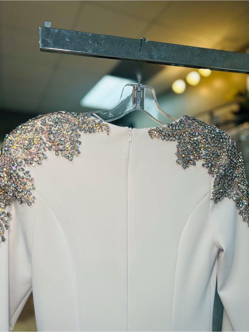 Long-Sleeve White Evening Gown with Embellished Shoulders - Picture 4 of 6